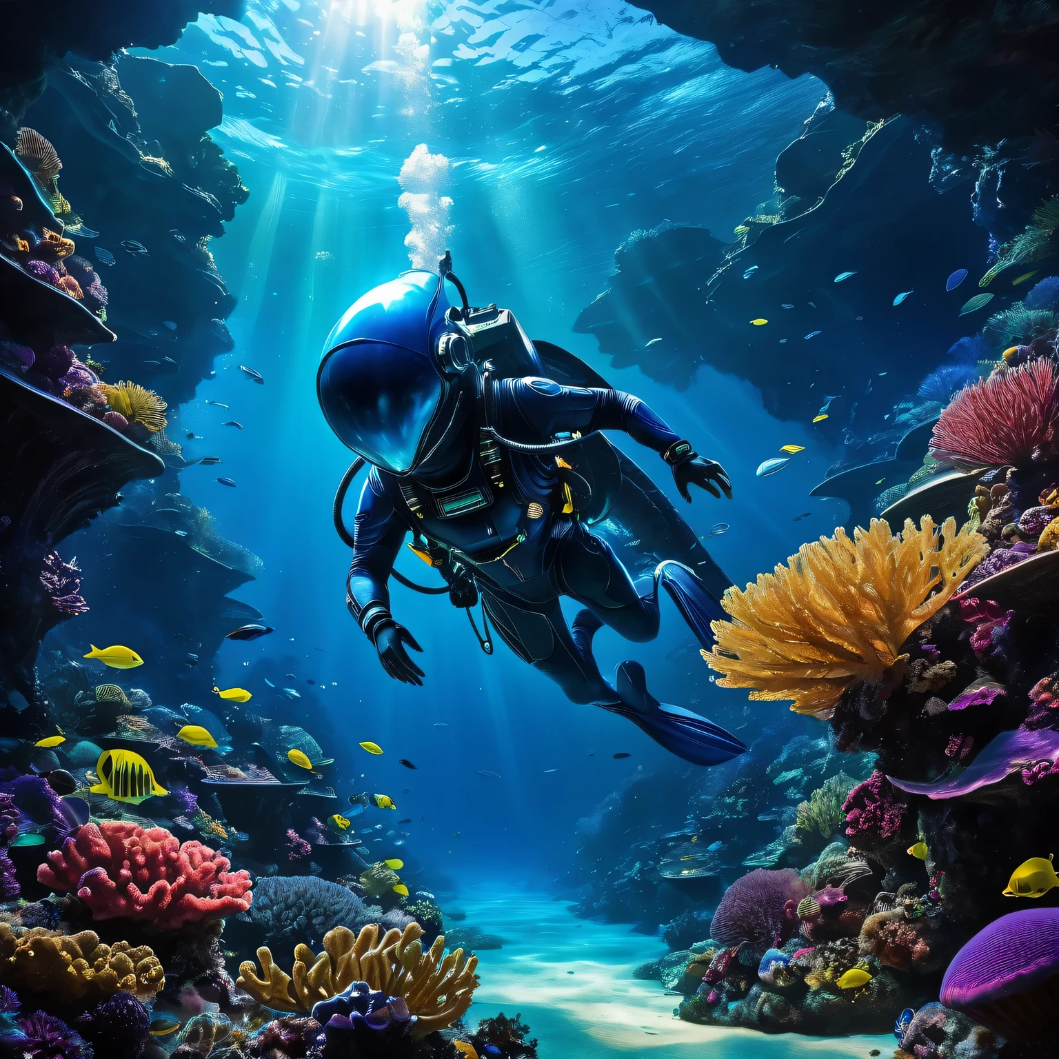 An alien diving in the deep sea,underwater exploration,beautiful colorful marine life,glowing coral reefs,bioluminescent creatures,alien technology,underwater spaceship,futuristic diving suit,alien's perspective,deep-sea darkness,mystical underwater environment,crystal clear water,mysterious underwater caves,alien's curiosity towards marine life,interaction with marine creatures,alien discovery of underwater treasures,alien's extraterrestrial presence in the deep sea,high-tech futuristic underwater lighting,alien's underwater communication device,underwater plants and vegetation,alien's ability to breathe underwater,alien's fascination with the vibrant colors of the deep sea,otherworldly creatures swimming around,alien's encounter with deep-sea giants,unexplored underwater ecosystems,alien's holographic navigation system,(best quality,4k,8k,highres,masterpiece:1.2),ultra-detailed,(realistic,photorealistic,photo-realistic:1.37),HDR,UHD,studio lighting,ultra-fine painting,sharp focus,physically-based rendering,extreme detail description,professional,vivid colors,bokeh,portraits,landscape,horror,anime,sci-fi,photography,concept artists,deep blue hues,diffused sunlight piercing through the water,alien's sense of wonder and awe.