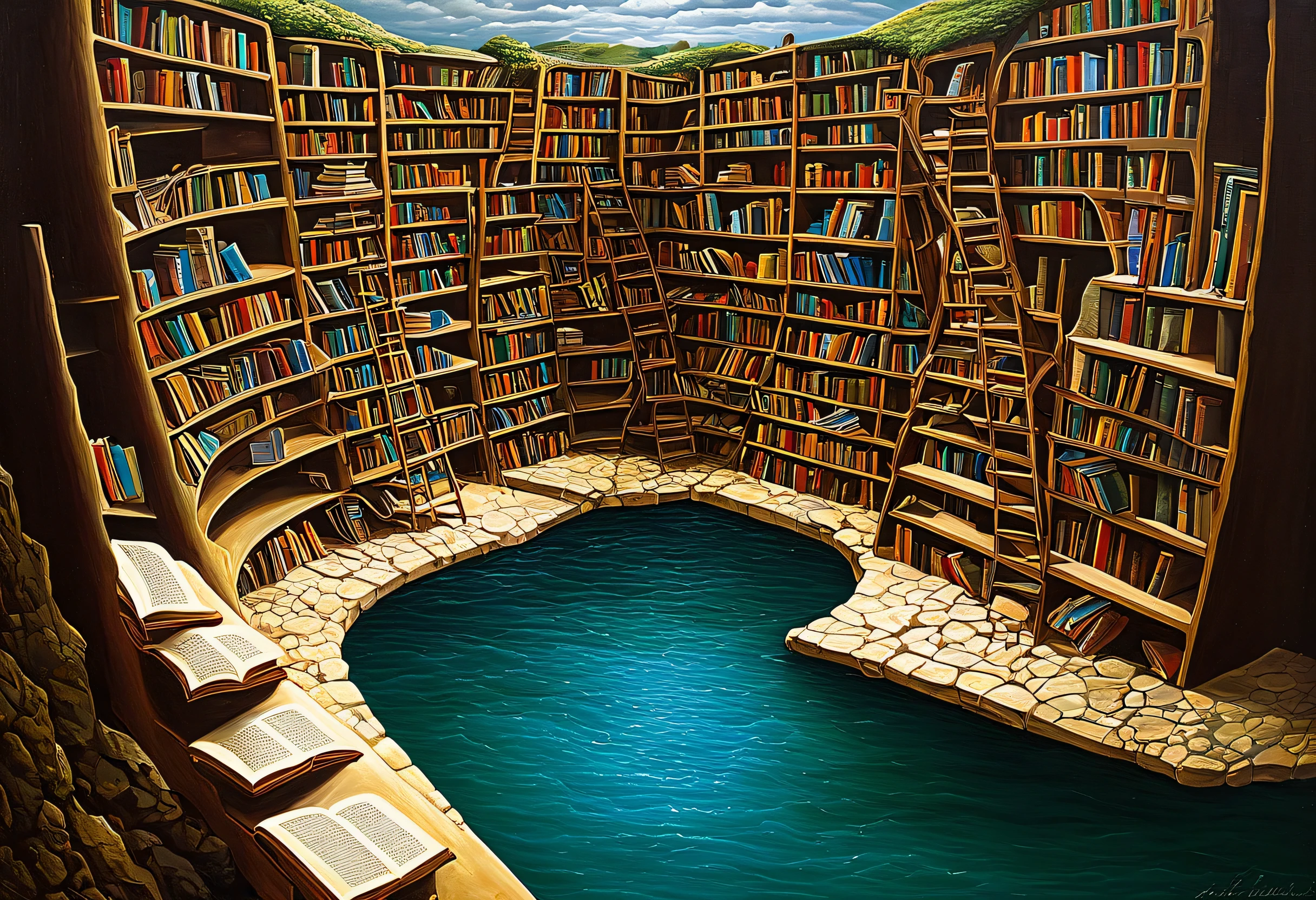 A picture of a bookshelf with a river in the middle, Surrealist paintings inspired by Jacek Jelka, CG Association Contest Winner, Renaissance, Infinite Book, Library of Babel, Infinite Library, Jacek Jelka and Vladimir Kusz, the Library of Babel, Surreal oil painting, The Eternal Library, Rob Gonsalves and Tim White