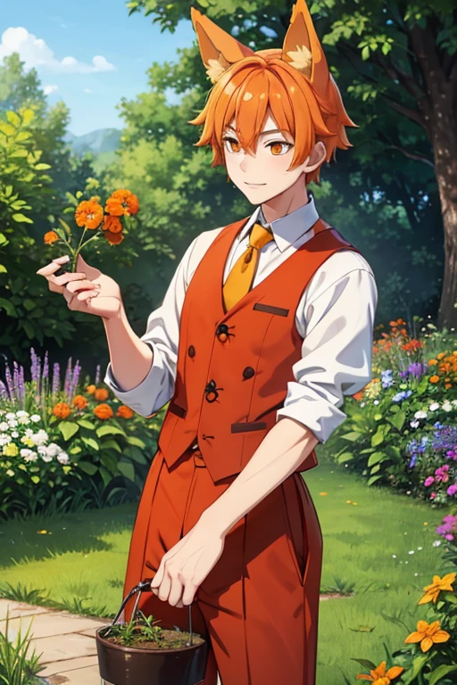 an orange haired male student with orange eyes and orange fox ears and an orange fox tail in a magical is picking magical herbs in the garden