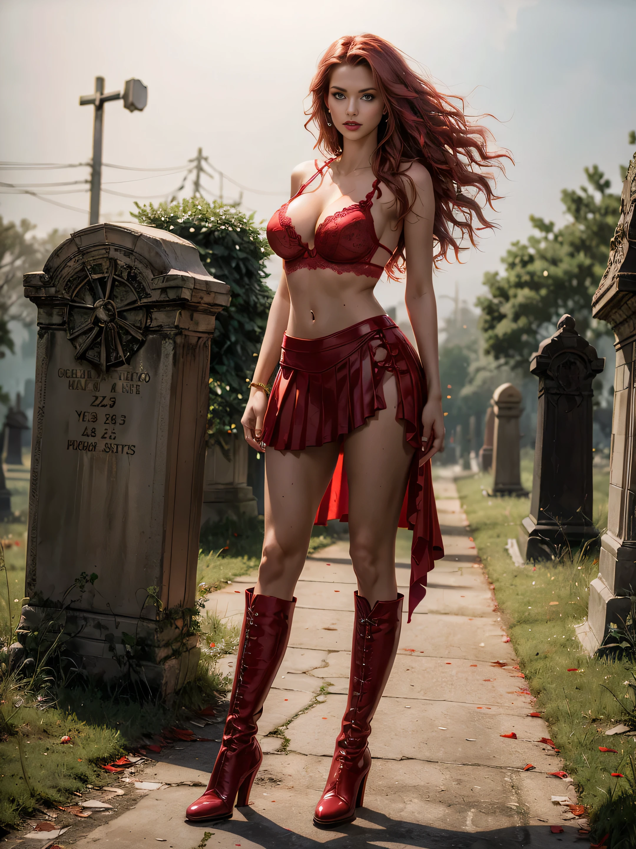 full body women 25 years old green eyes very very long red windblown wavy hair in a red sheer lace bra red mini skirt red leather western boots in the background, an abandoned cemetery at night, fog, smoke, smog