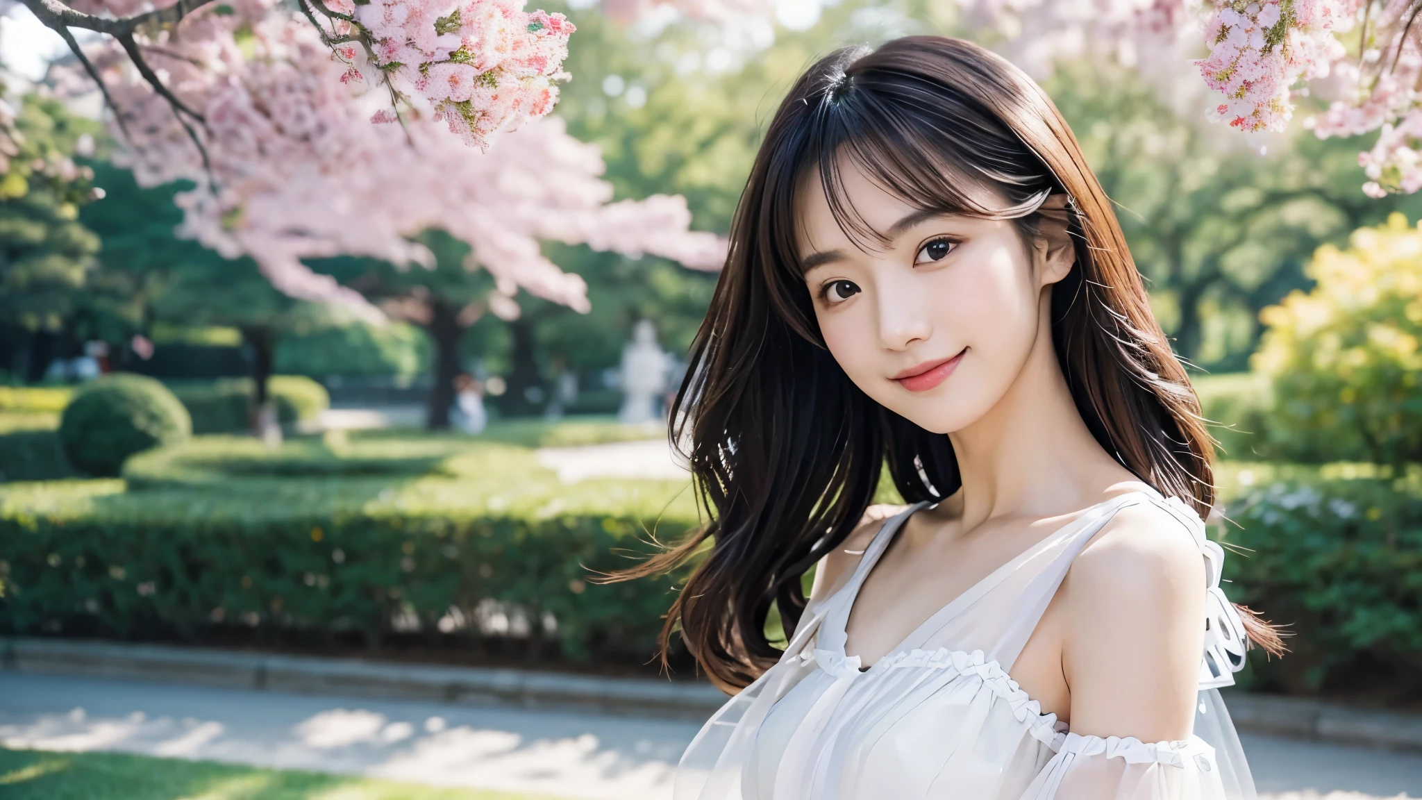 Pretty Japan Woman shoulder-length hair, light makeup, wearing a dress, in the park, clear facial features, 8K high resolution, 16:9, sharp and realistic details, from the outside, eye level shot, f/2.0, 200mm, Fujifilm, JPEG artifact, dithering, DVD, masterpiece, smile