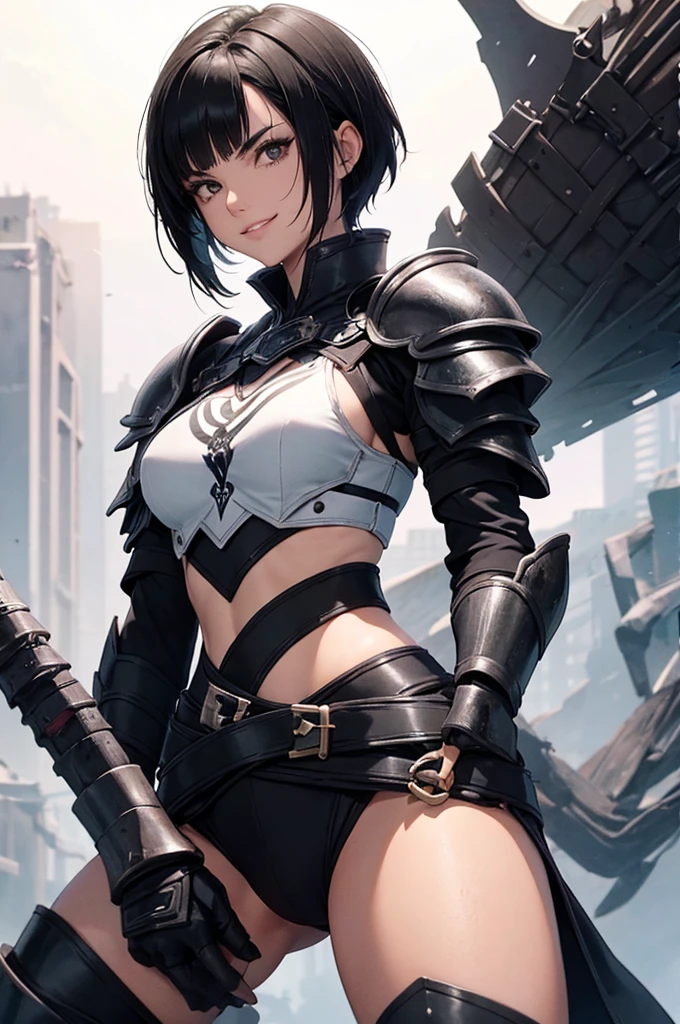 mulher jovem,short black hair , badass , full ancient armor,coxas torneadas,sorriso meligno