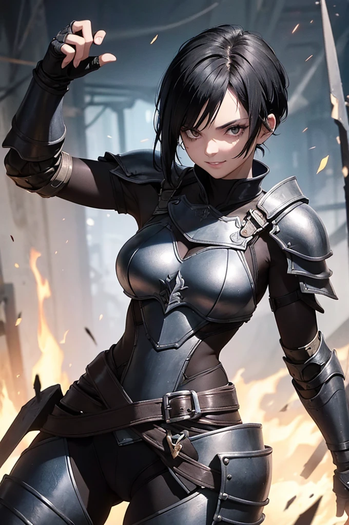 mulher jovem,short black hair , badass , full ancient armor,coxas torneadas,sorriso meligno
