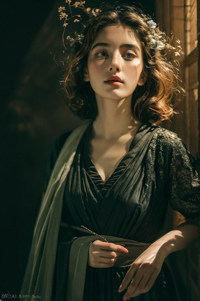 ( masterpiece, top quality, best quality,8k,17 years old girl,ultra detailed,raw photo:1.5),(photorealistic:1.4), (cinematic lighting), PerfectNwsjMajic, , Surrealism, UHD, ccurate, Super detail, textured skin, High detail, Best quality, dynamic angle, White skin,[Beautiful blue eyes], high nose,[flat chest:large breasts:0.5],(1girl),(good anatomy:0.5)), Dreamy atmosphere, Dark background, expressive brush strokes, mystical ambiance, Artistic interpretation, Stunning Studio Ghibli style costumes, a whimsical illustration, Subtle colors and tones, mystical aura, portrait