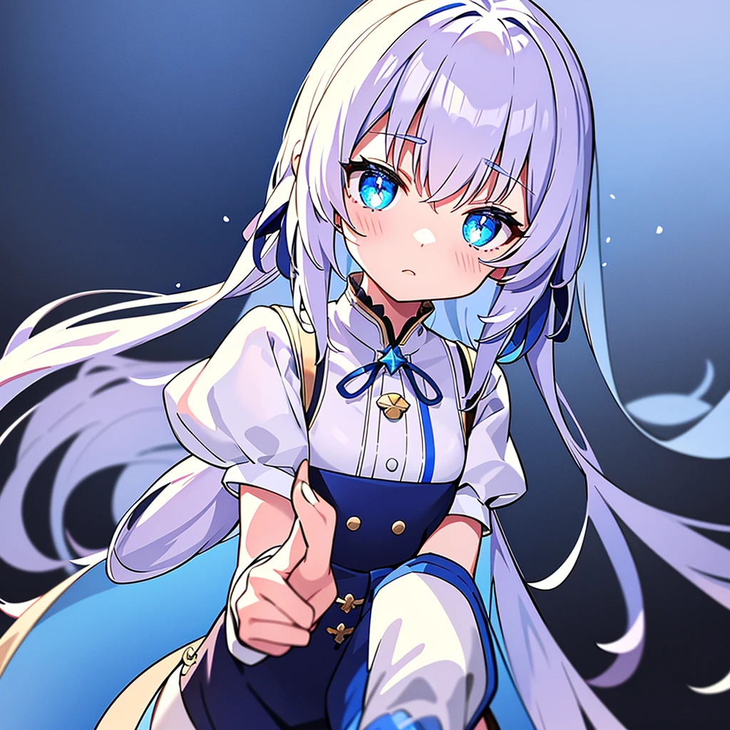 vtuber-halfbody、Bangs shorter than eyebrowasterpiece、Best Quality、Best illustrations、Super detailed、Upper Body、solo、1 girl、looking at the camera、upright、Arms at your sides、Beautiful detailed eyes、Concept Art、from the front、White background、Simple Background、Droopy eyes and big eyes、Super detailedな眼、Sparkling eyeilky white and blue gradient long hair、Short sleeve、water colored pencils、kind face、blush、Virtual YouTuber、