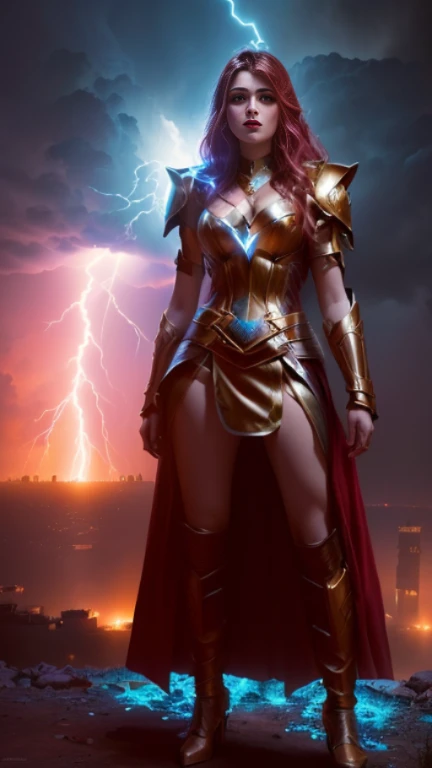 a woman in a costume standing on a hill With Lightning in the background, Goddess of Thunder, wearing thunder armor,Ready to fight, Maya Ali as the Lightning Magician, She's attracting lightning, Lightning Fantasy Magic, Fantasy Character Pictures, Lightning flashes behind her, Lightning in the movie, Female lightning Jenasi, Magnificent lightning, With Lightning, amouranth as a super villain