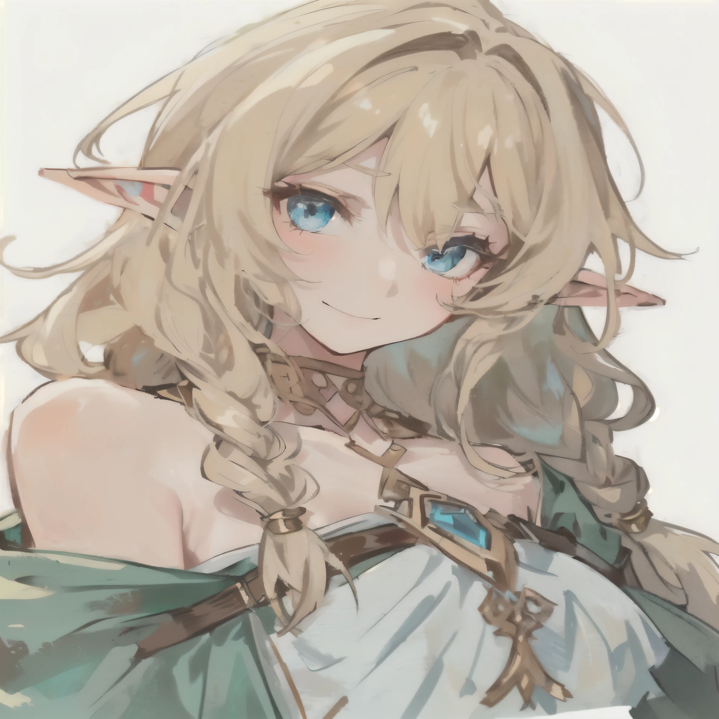 a woman with long blonde hair and blue eyes wearing a green dress, elf girl, elf princess, (((mad))) elf princess, an elf queen, she has elf ears and gold eyes, elf queen, zelda botw, genshin, botw, an elf, botw style, elven character with smirk, portrait of an elf queen