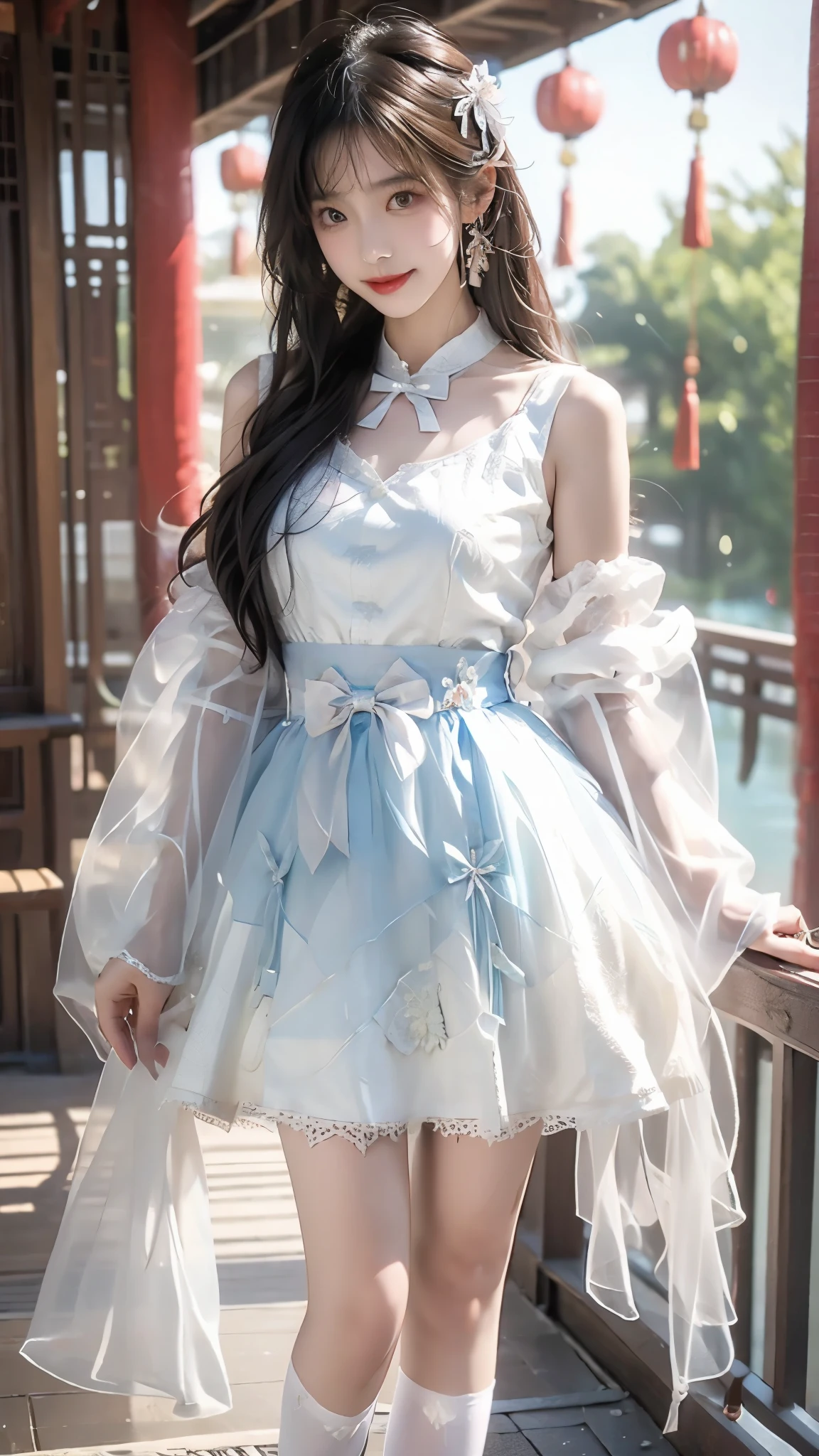 Super detailed, beauty, Madoka Higuchi, (smile), dynamic, ((slender, slender, shy, embarrassed)), tight white stockings, ((skin dents)), cyb dress, chinese clothes, detached collar, clothing cutout, wide sleeves, see-through sleeves, tassel,ruined temple, deep scene, erotic pose, (legs put at the back), solo,