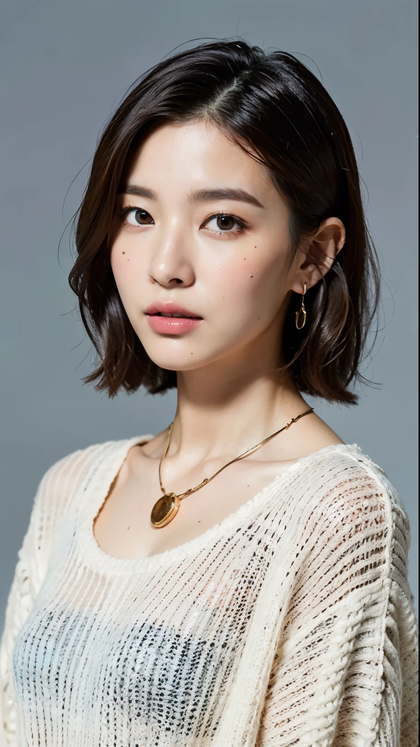 (highest quality, 8k, 32k, masterpiece, Ultra-high resolution:1.2),Beautiful Japanese Women Photos, very short bob hair,Upper Body,Face Focus,Extra Large_sweater, Earrings, necklace, Simple Background, From above, View your viewers,
