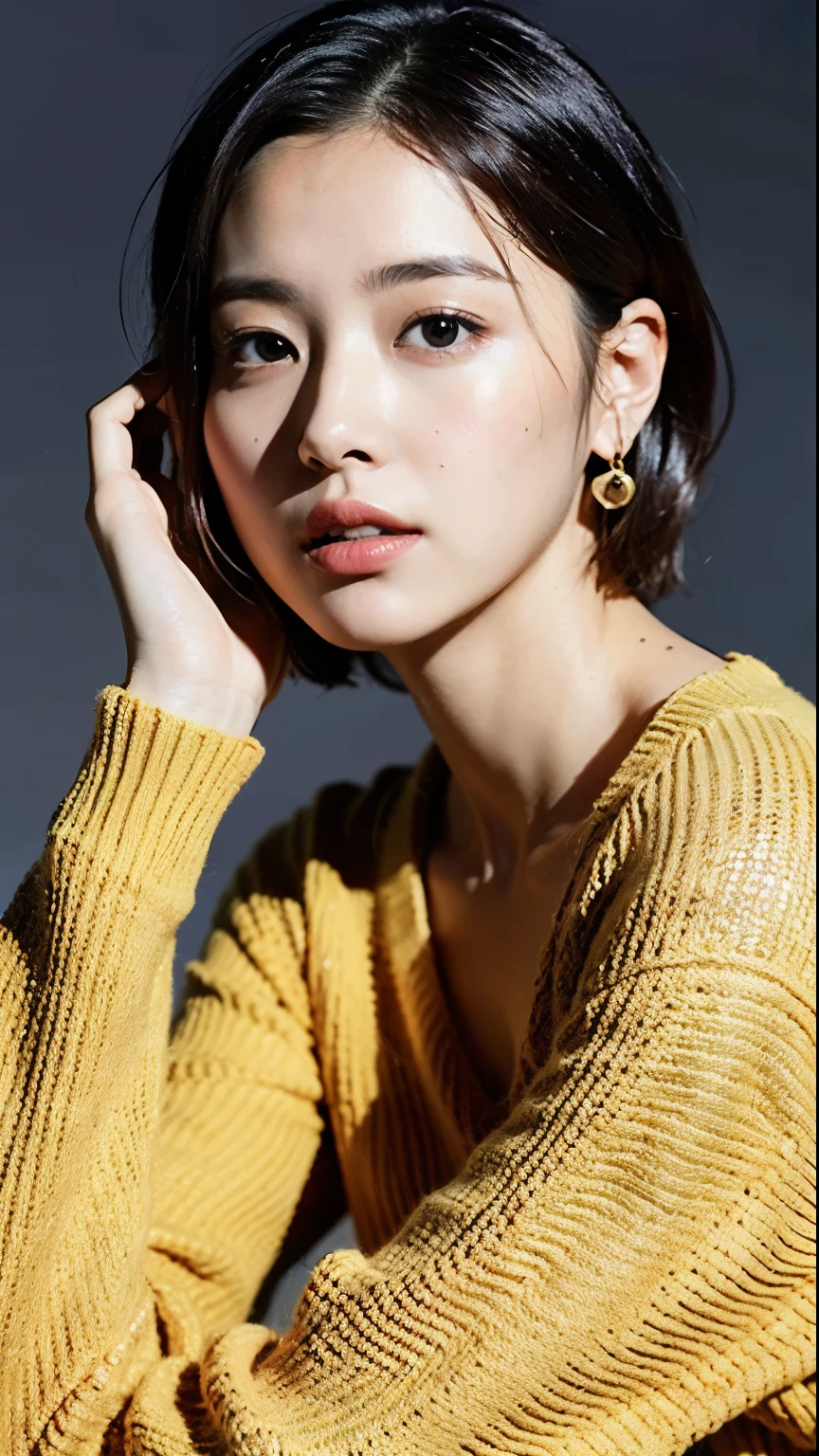 (highest quality, 8k, 32k, masterpiece, Ultra-high resolution:1.2),Beautiful Japanese Women Photos, very short bob hair,Upper Body,Face Focus,Extra Large_sweater, Earrings, necklace, Simple Background, From above, View your viewers,