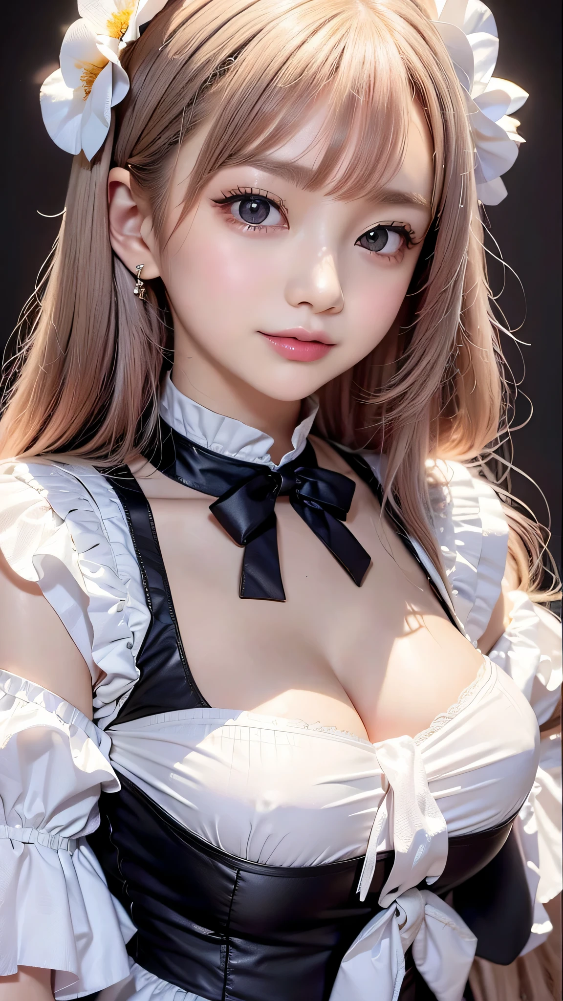 Beautiful white and shining skin、Chestnut-colored hair that changes with the light、Long bangs between the eyes that block vision、Cheek highlighter、Sexy and very beautiful gorgeous face、The most beautiful face in the world、Short Bob、Smooth straight hair、Medium breast、Beautiful breasts、Cleavage、Big and bright eyes、Beautiful bangs、Beautiful and beautiful woman、Small Face Beauty、Golden Ratio、Natural smile、Headdress、White blouse、Black Ribbon、Puff sleeves、collar、choker、White apron with fine frills、black maid costume、Beautiful thighs、