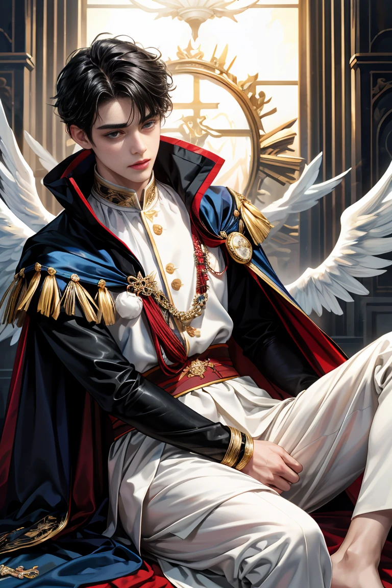 
masterpiece, 最high quality, high quality, 1 boy, alone, Male focus, Watching the audience,  Messy black hair, blue adorable big eyes, White, Noble, Noble, Beautiful angel、A very big, very big, very big, very long, long red and black cape made with a lot of fabric that reaches all the way down to the floor, 17 years old,cute beautiful boy,cute cute handsome boy