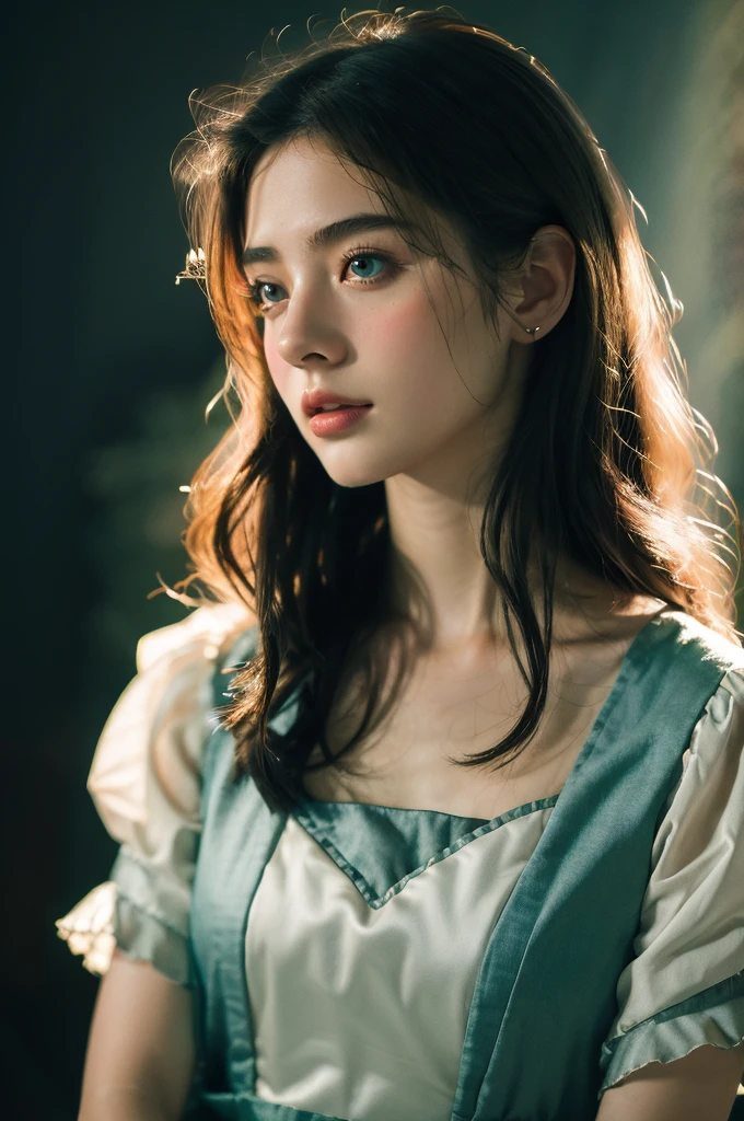 ( masterpiece, top quality, best quality,8k, girl,ultra detailed,raw photo:1.5),(photorealistic:1.4), (cinematic lighting), PerfectNwsjMajic, , Surrealism, UHD, ccurate, Super detail, textured skin, High detail, Best quality, dynamic angle, White skin,[Beautiful blue eyes], high nose,[flat chest:large breasts:0.5],(1girl),(good anatomy:0.5)), Dreamy atmosphere, Dark background, expressive brush strokes, mystical ambiance, Artistic interpretation, Stunning Studio Ghibli style costumes, a whimsical illustration, Subtle colors and tones, mystical aura, face