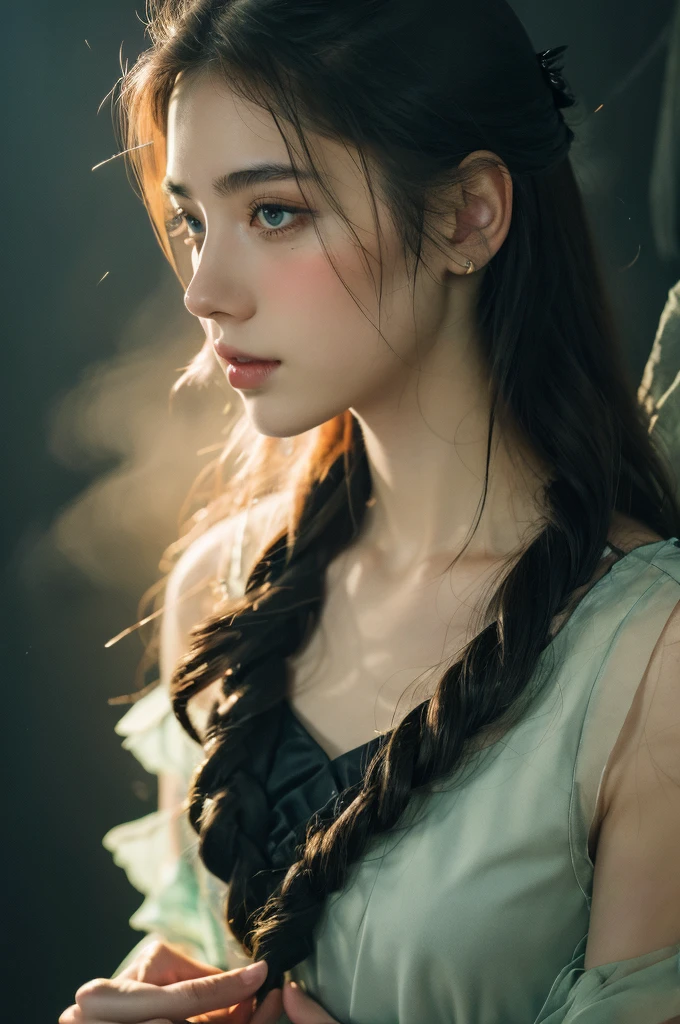 ( masterpiece, top quality, best quality,8k, girl,ultra detailed,raw photo:1.5),(photorealistic:1.4), (cinematic lighting), PerfectNwsjMajic, , Surrealism, UHD, ccurate, Super detail, textured skin, High detail, Best quality, dynamic angle, White skin,[Beautiful blue eyes], high nose,[flat chest:large breasts:0.5],(1girl),(good anatomy:0.5)), Dreamy atmosphere, Dark background, expressive brush strokes, mystical ambiance, Artistic interpretation, Stunning Studio Ghibli style costumes, a whimsical illustration, Subtle colors and tones, mystical aura, face