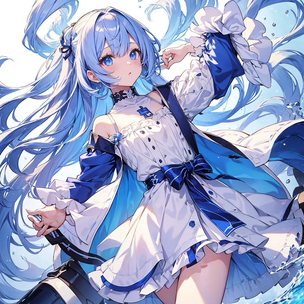 vtuber-halfbody、Bangs shorter than eyebrowasterpiece、Best Quality、Best illustrations、Super detailed、Upper Body、solo、1 girl、looking at the camera、upright、Arms at your sides、Beautiful detailed eyes、Concept Art、from the front、White background、Simple Background、Droopy eyes and big eyes、Super detailedな眼、Sparkling eyeilky white and blue gradient long hair、Short sleeve、water colored pencils、kind face、blush、Virtual YouTuber、