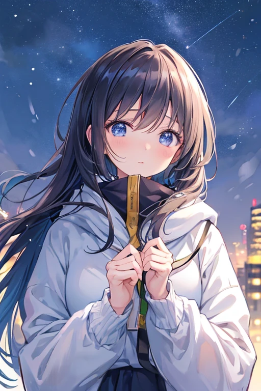 ((masuter piece、Best Quality))、A woman looking up at the sky with a sad face、The background is a winter city、Background bokeh