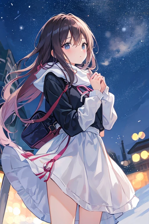 ((masuter piece、Best Quality))、A woman looking up at the sky with a sad face、The background is a winter city、Background bokeh