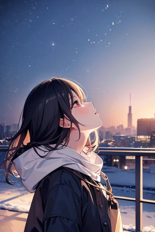 ((masuter piece、Best Quality))、A woman looking up at the sky with a sad face、The background is a winter city、Background bokeh