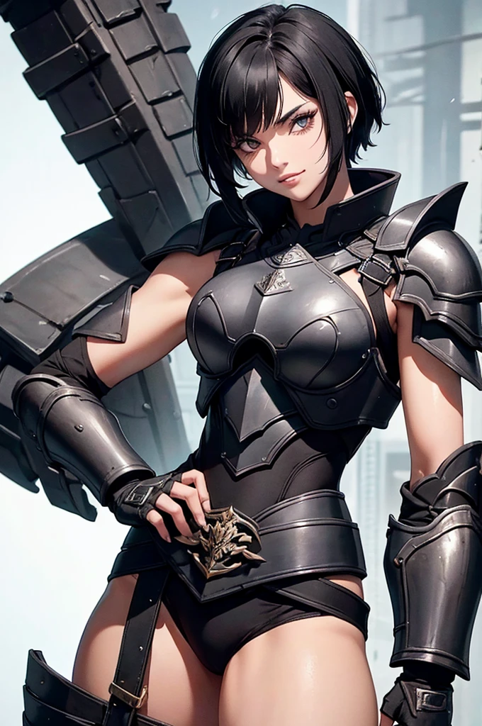 mulher jovem,short black hair , badass , full ancient armor,coxas torneadas,sorriso maligno
