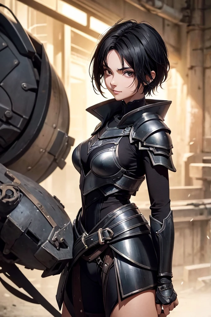 mulher jovem,short black hair , badass , full ancient armor,coxas torneadas,sorriso maligno