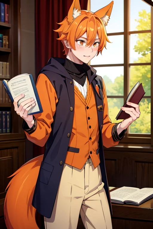 an orange haired male student with orange eyes and orange fox ears and an orange fox tail in a magical  is blushing with a spell book in his hand