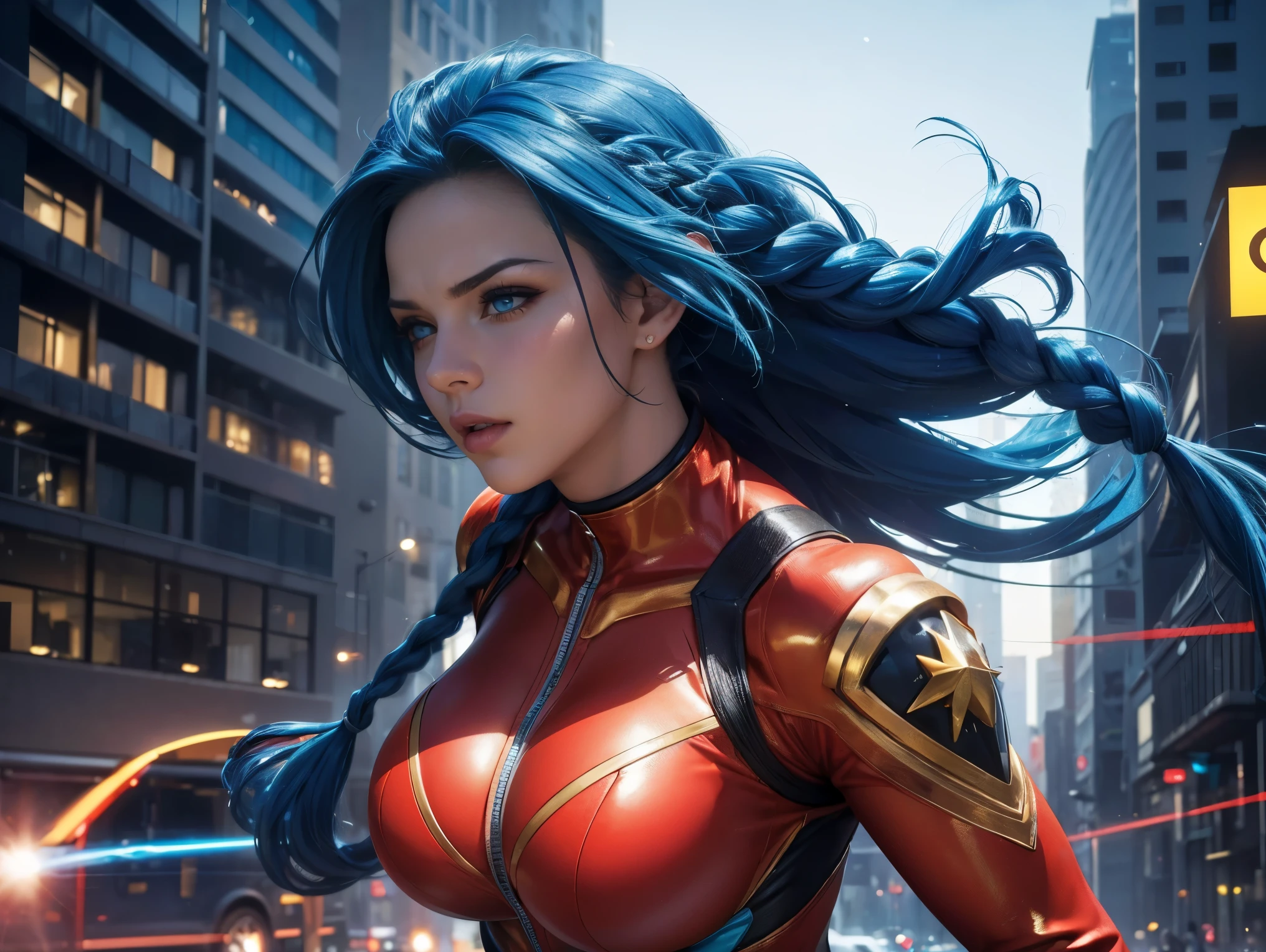 (best quality,4k,8k,highres,masterpiece:1.2),ultra-detailed,(realistic,photorealistic,photo-realistic:1.37), sexy superheroine, red, yellow, and silver outfit, cosmic powers, energy manipulation, vibrant and dynamic pose, shiny metallic textures, realistic facial expressions, flowing hair, dramatic lighting, intense action scene, cityscape background, high-tech gadgets, electric blue color scheme, vivid and saturated colors (blue hair) () (braids)