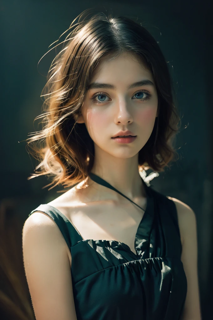 ( masterpiece, top quality, best quality,8k, girl,ultra detailed,raw photo:1.5),(photorealistic:1.4), (cinematic lighting), PerfectNwsjMajic, , Surrealism, UHD, ccurate, Super detail, textured skin, High detail, Best quality, dynamic angle, White skin,[Beautiful blue eyes], high nose,[flat chest:large breasts:0.5],(1girl),(good anatomy:0.5)), Dreamy atmosphere, Dark background, expressive brush strokes, mystical ambiance, Artistic interpretation, Stunning Studio Ghibli style costumes, a whimsical illustration, Subtle colors and tones, mystical aura,face