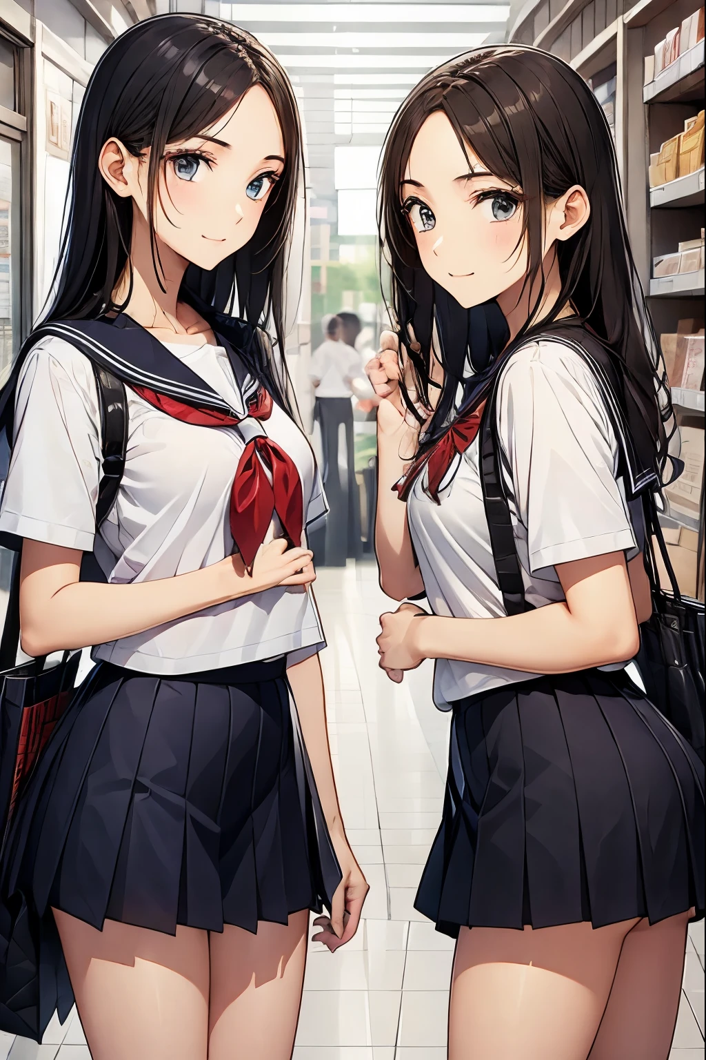 Shopping Street、two high school girls、seductive smile、Looking away、
