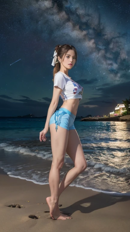 ((masterpiece)), (highest quality), 23 years old,Very detailed, finely, (High resolution), (8k), ((Perfect front viewcomposition)), (Natural color lip),(Side Ponytail:1.3),(((Standing facing forward on the beach at night, look at me))),((Printed T-shirt)),((Light blue fitness shorts)),((From the whole body to the toes:1.3)),((Perfect front view)),((The magnificent Milky Way floating in the night sky)),((Natural pose)),,((Big ribbon on thigh)),((Normal size buttocks)),((Ample breasts)),((Full and firm breasts)),(look at me微笑む),