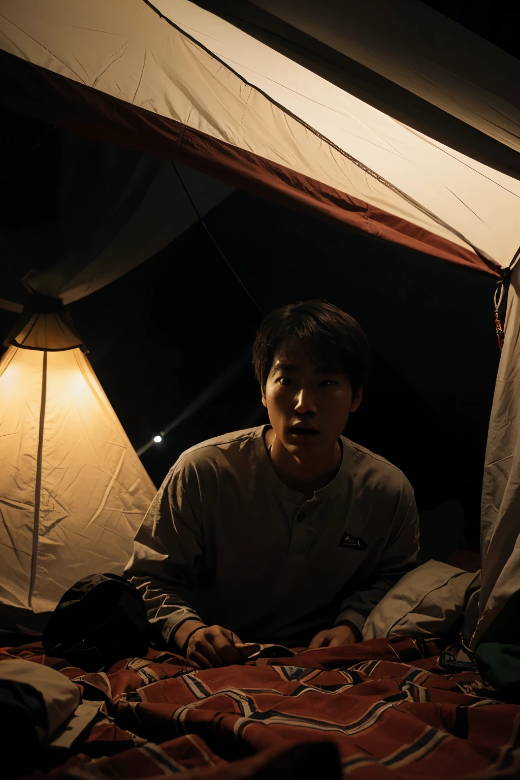 A Korean man in his 20s is very startled and trembles with fear in a tent in the middle of the night