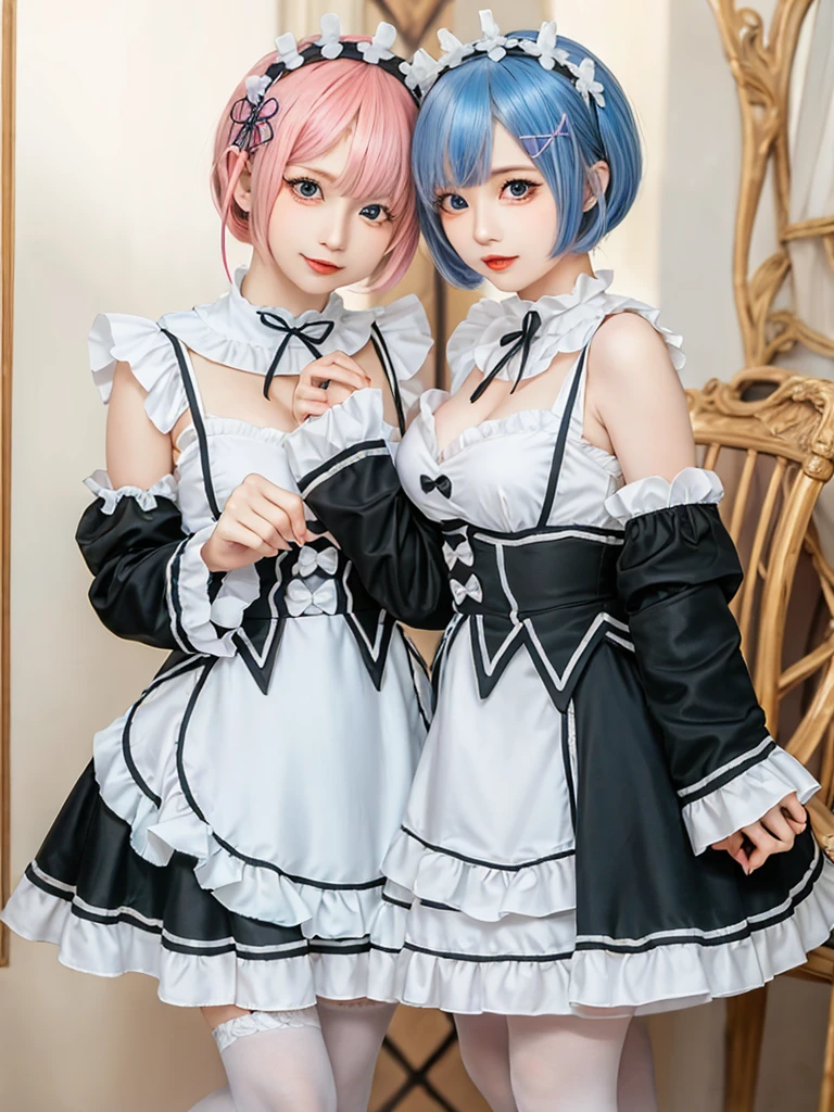 (8K, Photorealistic, Raw photo, of the highest quality: 1.3), (1girl in), Super beautiful, (Realistic face), (boyish, pink Color Berry Shorthair), Beautiful , Glare that captivates the viewer, Beautiful expression, Beautiful breasts, (Realistic skin), Be...Create a detailed and colorful image of Ram and Rem from Re:Zero, standing back-to-back in their maid outfits, with a magical fantasy background、14years old, two girls,cute, perfect face, beautiful, nice body, gothic lolita clothes, gothic lolita fashion, frilly skirt, headdress, necklace, bracelet, knee-high socks, boots, double eyelids, tear bags, Detailed down to the fingers, photo-like description, indoors, dim indoor lighting, one girl is pink hair and short bob, another girl is light blue hair and short bob,standing,whole body, composition that shows the whole body, smiling,The Both of them are wearing the same type of maid outfit,Optimal ratio of 4 fingers and 1 thumb