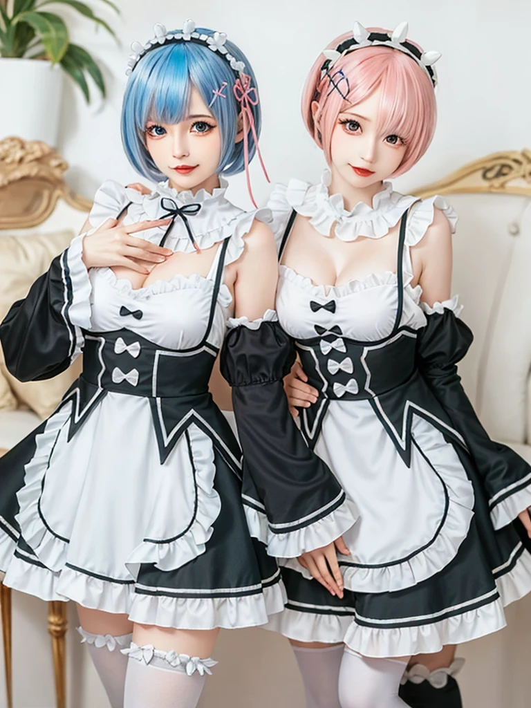 (8K, Photorealistic, Raw photo, of the highest quality: 1.3), (1girl in), Super beautiful, (Realistic face), (boyish, pink Color Berry Shorthair), Beautiful , Glare that captivates the viewer, Beautiful expression, Beautiful breasts, (Realistic skin), Be...Create a detailed and colorful image of Ram and Rem from Re:Zero, standing back-to-back in their maid outfits, with a magical fantasy background、14years old, two girls,cute, perfect face, beautiful, nice body, gothic ta clothes, gothic loliashion, frilly skirt, headdress, necklace, bracelet, knee-high socks, boots, double eyelids, tear bags, Detailed down to the fingers, photo-like description, indoors, dim indoor lighting, one girl is pink hair and short bob, another girl is light blue hair and short bob,standing,whole body, composition that shows the whole body, smiling,The Both of them are wearing the same type of maid outfit,Optimal ratio of 4 fingers and 1 thumb