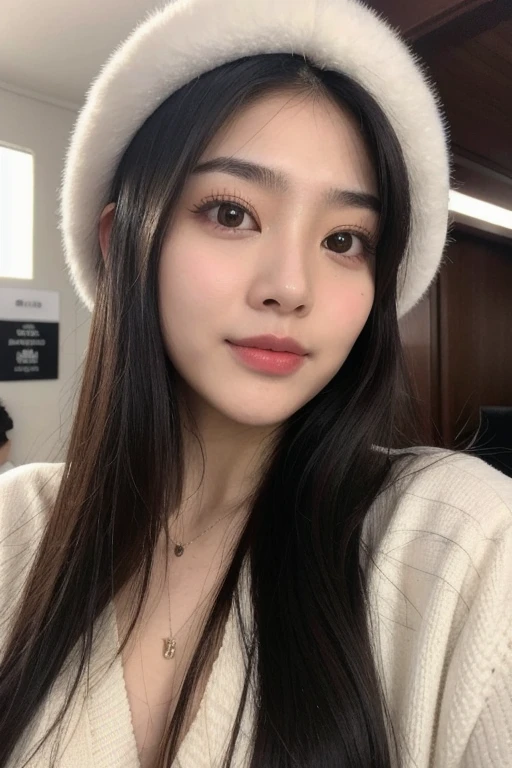 Korean girl with aegyosal, white skin. Face angle, perfect face, cheeky smiles, wore baggy style clothes, Long hair natural black, detailed and symmetrical, oval and heart shaped facial shape, Hush cut hairstyles, highlight eyes symmetrical from the face angle, different camera angle. Wore fur hat, normal eyelashes and symmetrical eyelashes