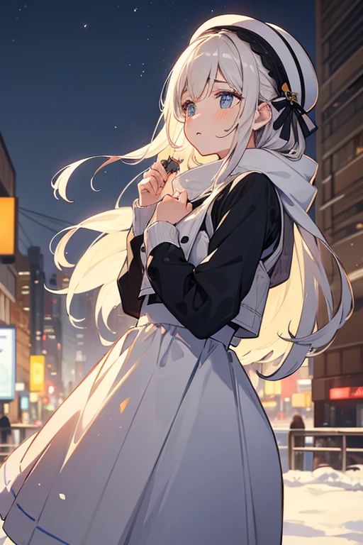 ((masuter piece、Best Quality))、A woman looking up at the sky with a sad face、The background is a winter city、Background bokeh