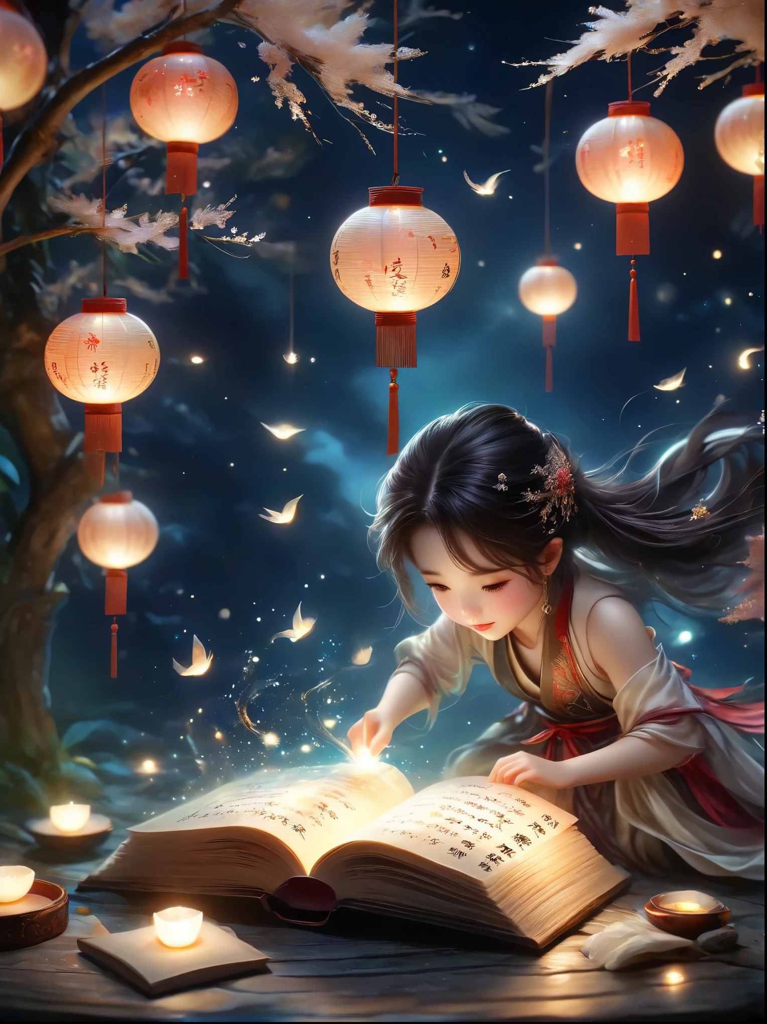 Three-dimensional ancient style,Romantic ancient style,Dark night shimmer,Elegant and simple,3 tiny people,Macro Photography,Suspension,Rolled up rice paper filled with calligraphy,High Angle Shot,Depth of Field,Bioluminescence,Chen Jia Leng,Quiet atmosphere,Fantastic,Exquisite details,Graphic illustration,Fluorescent Color,Anime Characters,Backlight,The book is very busy and the heart is shining,Beige tones,Concept Design,Decorative illustrations,Rich,Micro Rendering,Movie Light