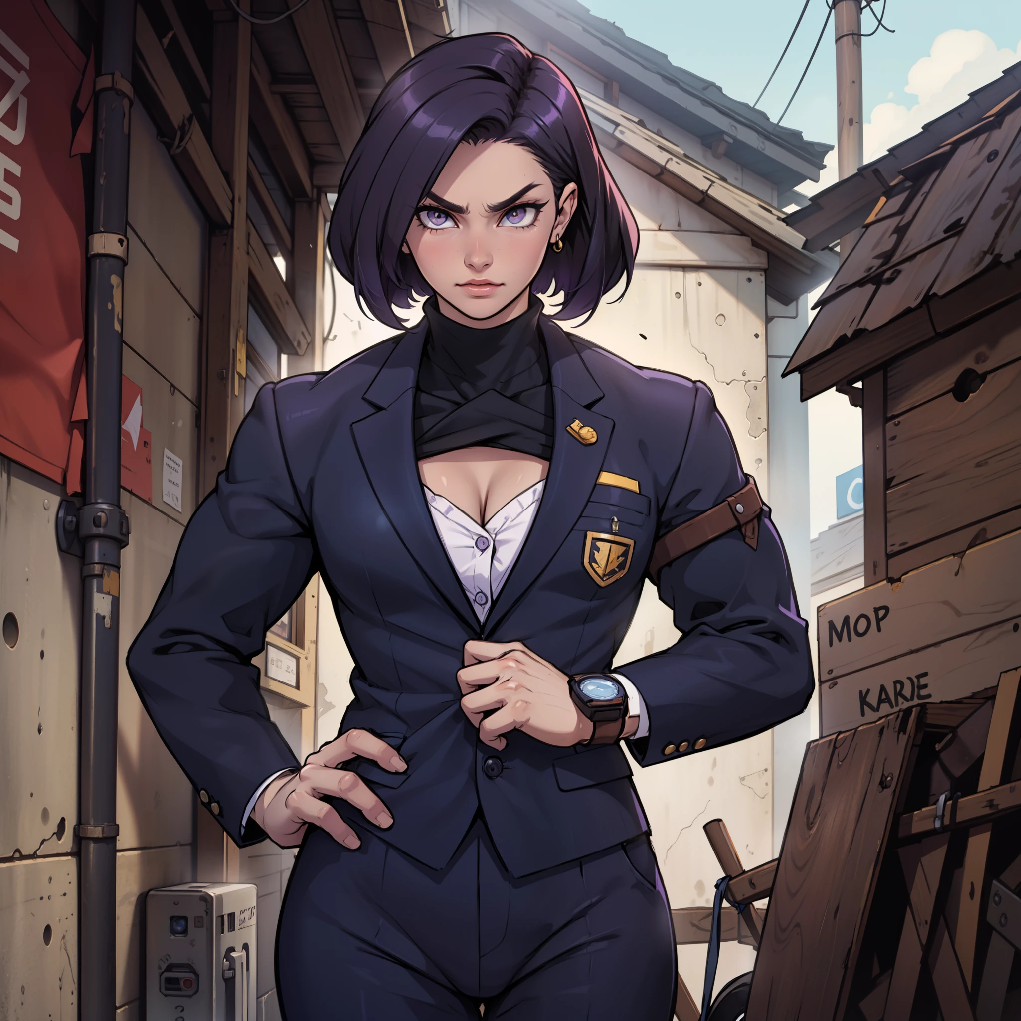 1 garota, rosto detalhado, olhos azuis detalhados, cabelo roxo, rabo de cavalo longo, olhos azuis, serious, pip boy, seios enormes, bunda enorme, Traje Preto, Business suit