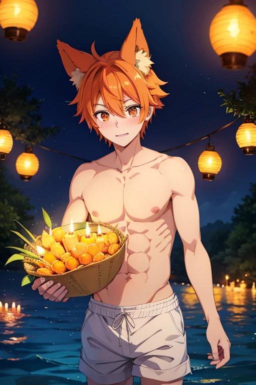 an orange haired male student with orange eyes and orange fox ears and an orange fox tail in a magical is blushing in a sea of floating candles