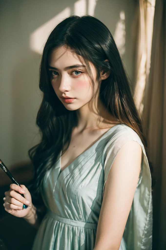 ( masterpiece, top quality, best quality,8k,17 years old girl,ultra detailed,raw photo:1.5),(photorealistic:1.4), (cinematic lighting), PerfectNwsjMajic, , Surrealism, UHD, ccurate, Super detail, textured skin, High detail, Best quality, dynamic angle, White skin,[Beautiful blue eyes], high nose,[flat chest:large breasts:0.5],(1girl),(good anatomy:0.5)), Dreamy atmosphere, Dark,expressive brush strokes, mystical ambiance, Artistic interpretation, Stunning Studio Ghibli style costumes, a whimsical illustration, Subtle colors and tones, mystical aura, 