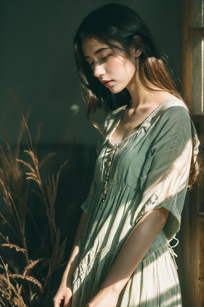 ( masterpiece, top quality, best quality,8k, girl,ultra detailed,raw photo:1.5),(photorealistic:1.4), (cinematic lighting), PerfectNwsjMajic, , Surrealism, UHD, ccurate, Super detail, textured skin, High detail, Best quality, dynamic angle, White skin,[Beautiful blue eyes], high nose,[flat chest:large breasts:0.5],(1girl),(good anatomy:0.5)), Dreamy atmosphere, Dark,expressive brush strokes, mystical ambiance, Artistic interpretation, Stunning Studio Ghibli style costumes, a whimsical illustration, Subtle colors and tones, mystical aura, 