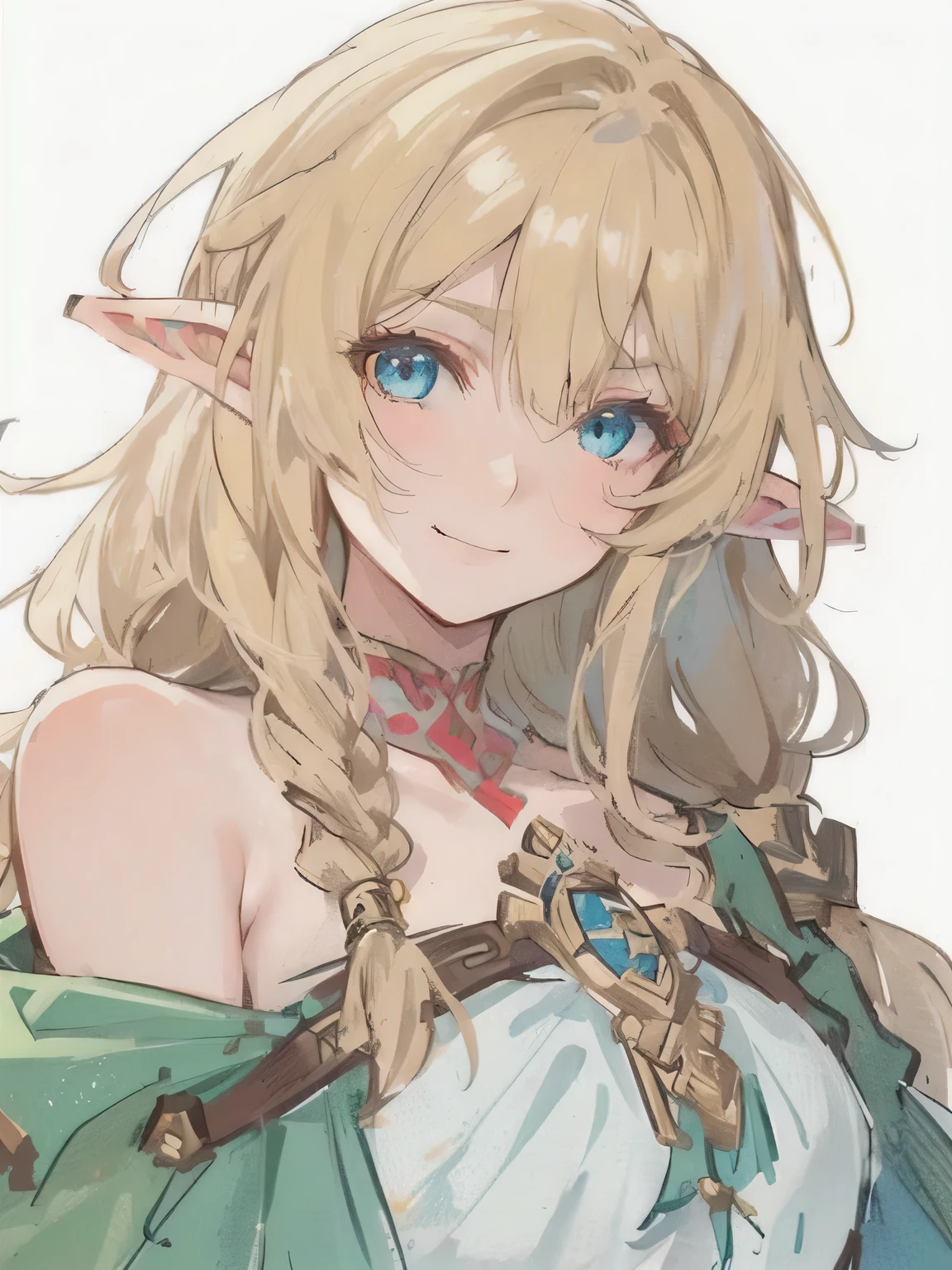 a woman with long blonde hair and blue eyes wearing a green dress, elf girl, elf princess, (((mad))) elf princess, an elf queen, she has elf ears and gold eyes, elf queen, zelda botw, genshin, botw, an elf, botw style, elven character with smirk, portrait of an elf queen