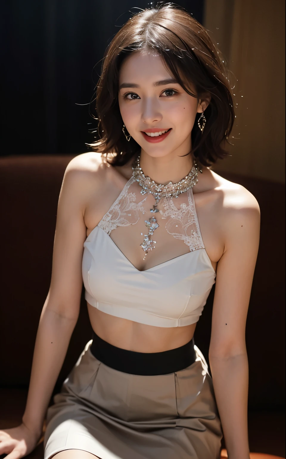 (8K、top-quality、masterpiece:1.2)、(realisitic、Photorealsitic:1.37)、ultra-detailliert、 1 人、cute little、((an lingerie:1.8))、Soio、Beautiful detailed sky、Detailed Cafe、natta、sitting on、date、(Nasal blush)、 (A smile:1.15),(Closed)small tits,Beautiful fineness,(shirt with collar:1.1),natta,Wet,,Sateen,White lace,(short-hair:1.2),Floating Hair NovaFrogStyle,