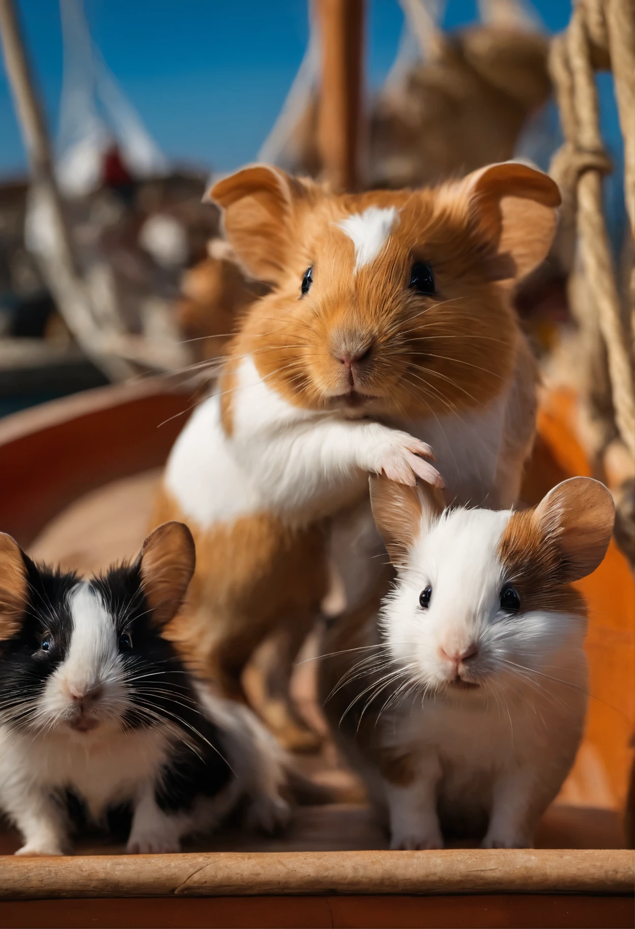 Sur un bateau à voile, trois cochons d'Inde, un chien et des chats. Les chats sont de pleins de couleurs : marron, blanc, noir, brun. Guinea pigs are muscular. Le chien est mignon et kawaii.