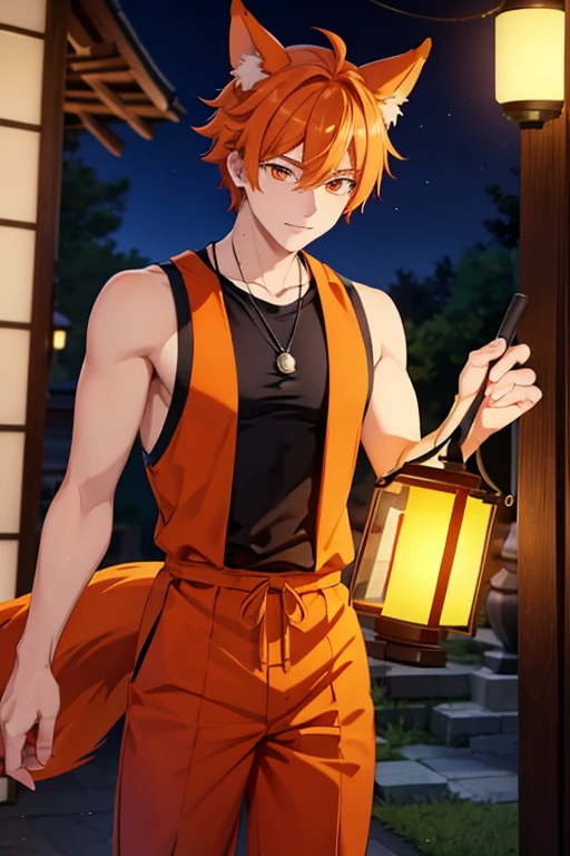 an orange haired male student with orange eyes and orange fox ears and an orange fox tail in a magical is holding a lantern at night