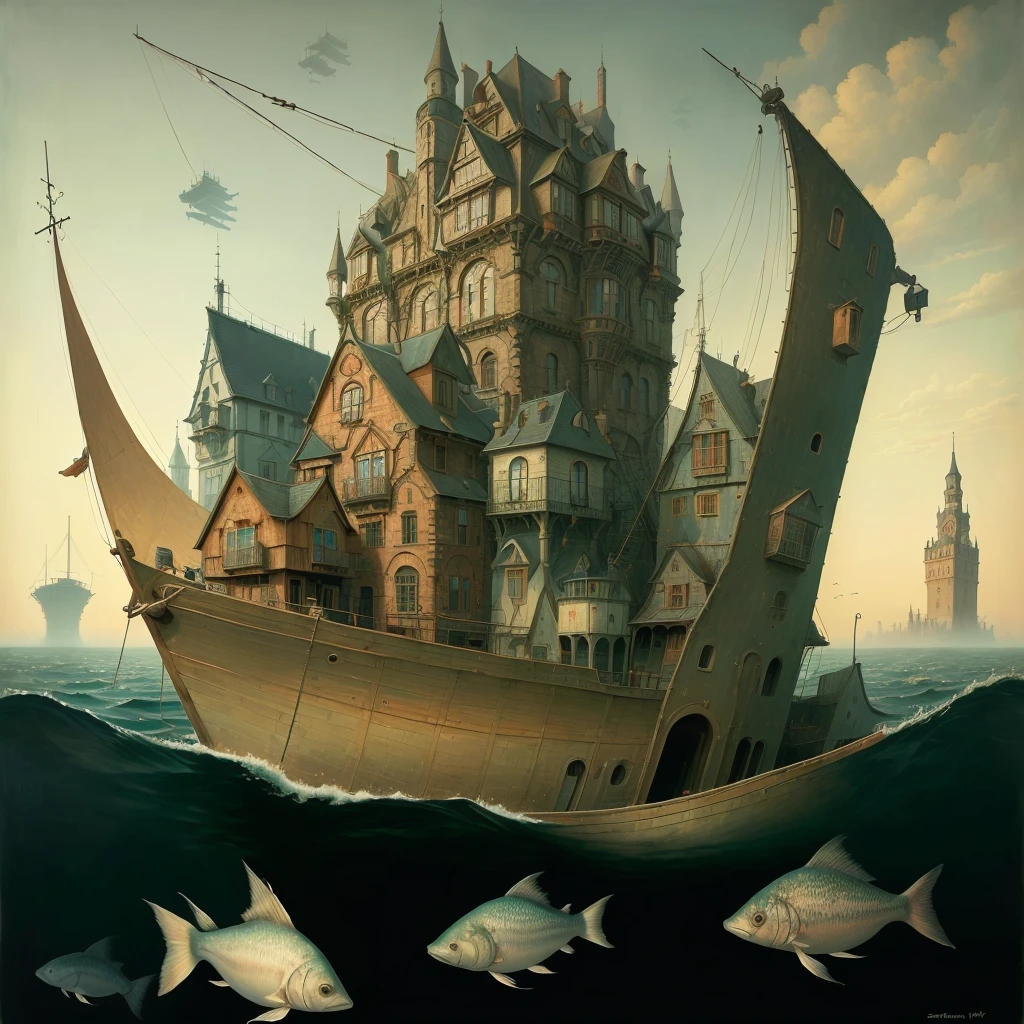 picture of a boat with a tower and many fish, magically shaped surrealism, by shaun tan, Surrealism Art, by shaun tan. hyperrealism, Jacek Jerka and Vladimir Kusz, Mstislav Dobuzhinsky, surreal work of art, very detailed surreal art, surrealism painting, inspired by Peter Blume, magical realism, whimsical art;, Neo-surrealism
