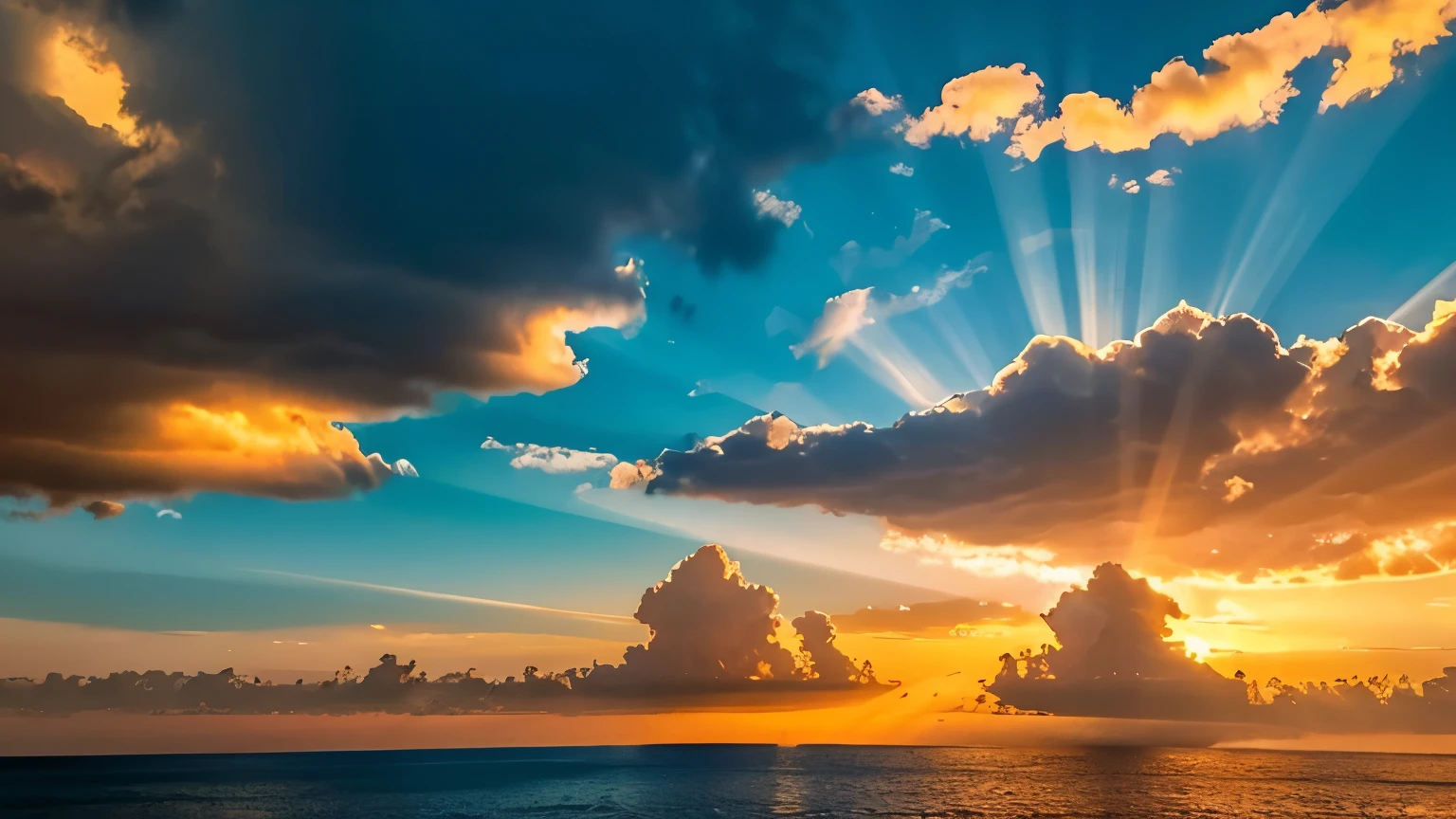The bottom 1/3 of the angle of view is the calm blue sea, clouds above the sea, many rays of light shining through the clouds and illuminating the sea, the clouds are almost tinted orange by the setting sun, the best view in the world, the horizon line is the bottom 1/3 of the angle of view.