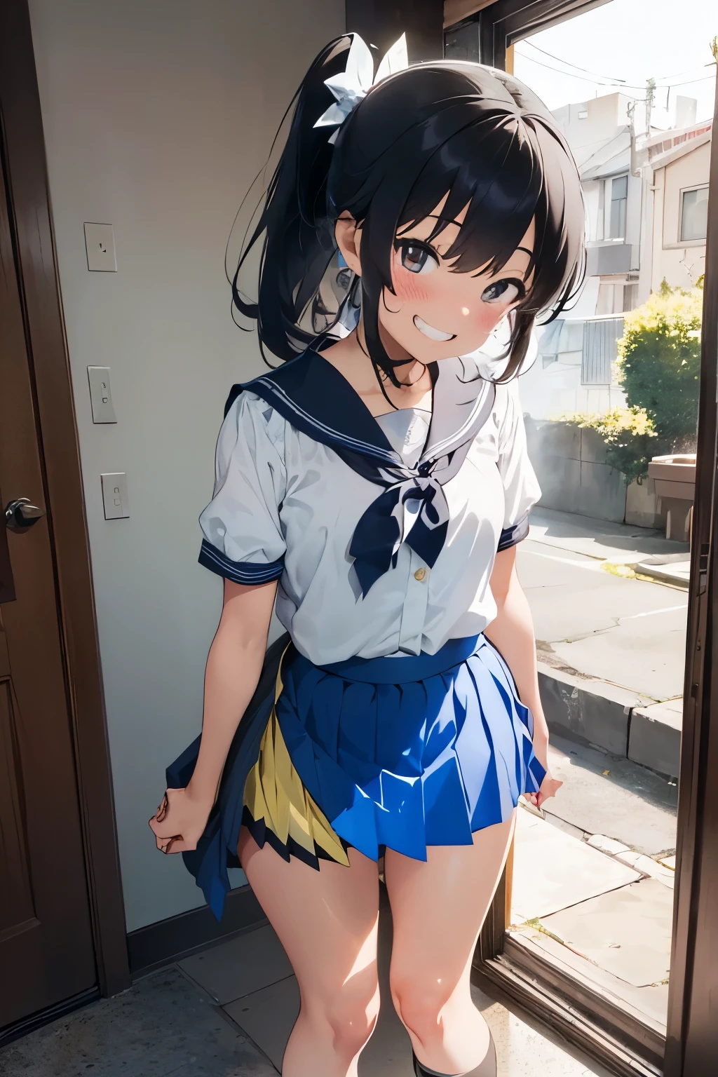 A woman looking down from the top of the stairs, ((((height 100 cm: 1.6)))), (very small build), (petite), ((short height: 1.5)), short torso, small Breasts, bare panties, bare bra, light coming through the window, daytime, ((ground shot: 1.5)), ((focus on thighs: 1.5)), white and blue sailor suit with very high transparency, very Transparent jacket, (((very short skirt: 1.5))), ((skirt fluttering in the wind: 1.5)), black hair, very shiny hair, short ponytail, hair fluttering in the wind, one on the back of the head Fischl-shaped big red ribbon, young face, hanging eyes, ((grinning face: 1.5)), very strong blush, very strong cheeks, very strong skin glow, really draws in the background, makes the contrast clear, Natural foot width, viewed from the front