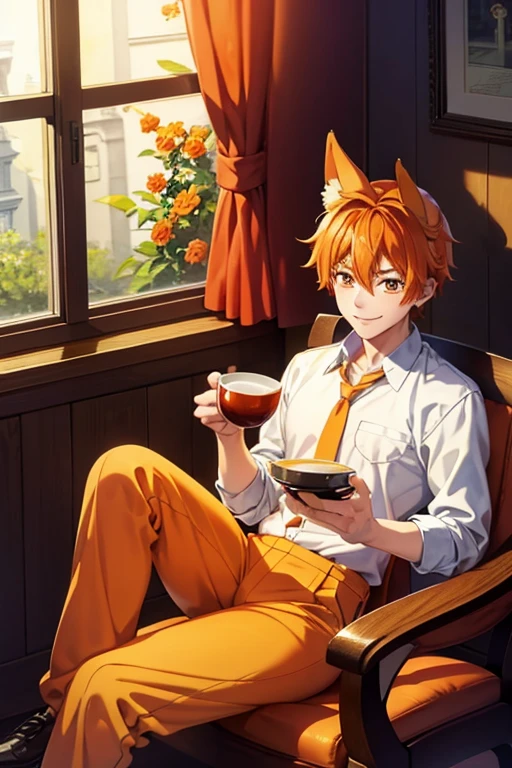an orange haired male student with orange eyes and orange fox ears and an orange fox tail in a magical is drinking tea by an open window with a smile