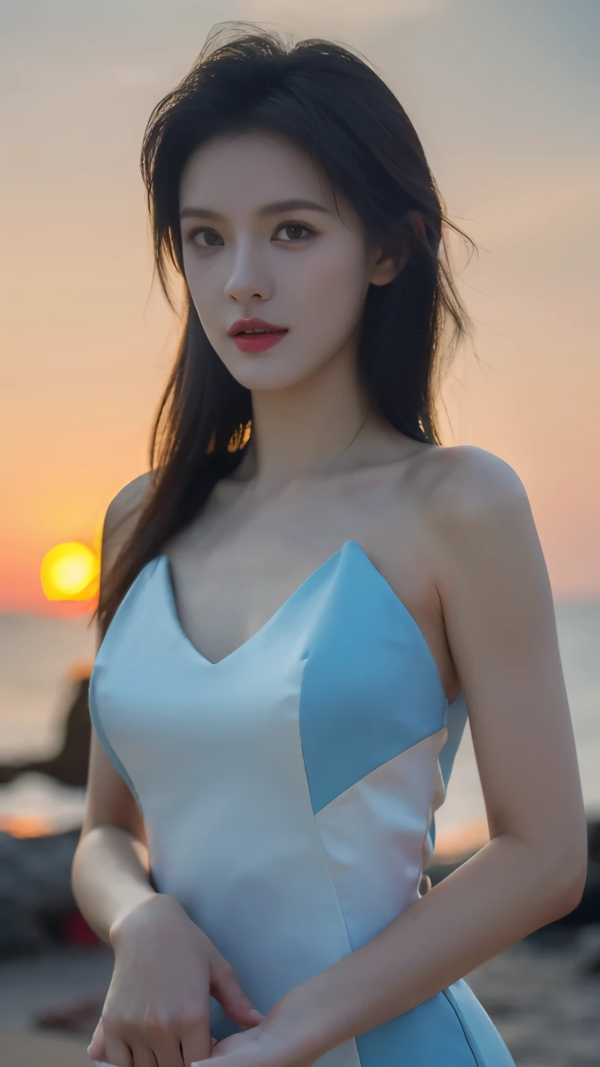 ((best quality, 8k, masterpiece :1.3)),(Practical, lifelike:1.4), original photo, high resolution,Standing， Beautiful woman，Have a perfect body :1.4, ((Large Breasts:1.5))，long hair，Light blue bikini，at the seaside，At the beach，Sunrise The sun has just risen，Upper body photography，Eyes looking at camera，character-centered，Close-up shot，