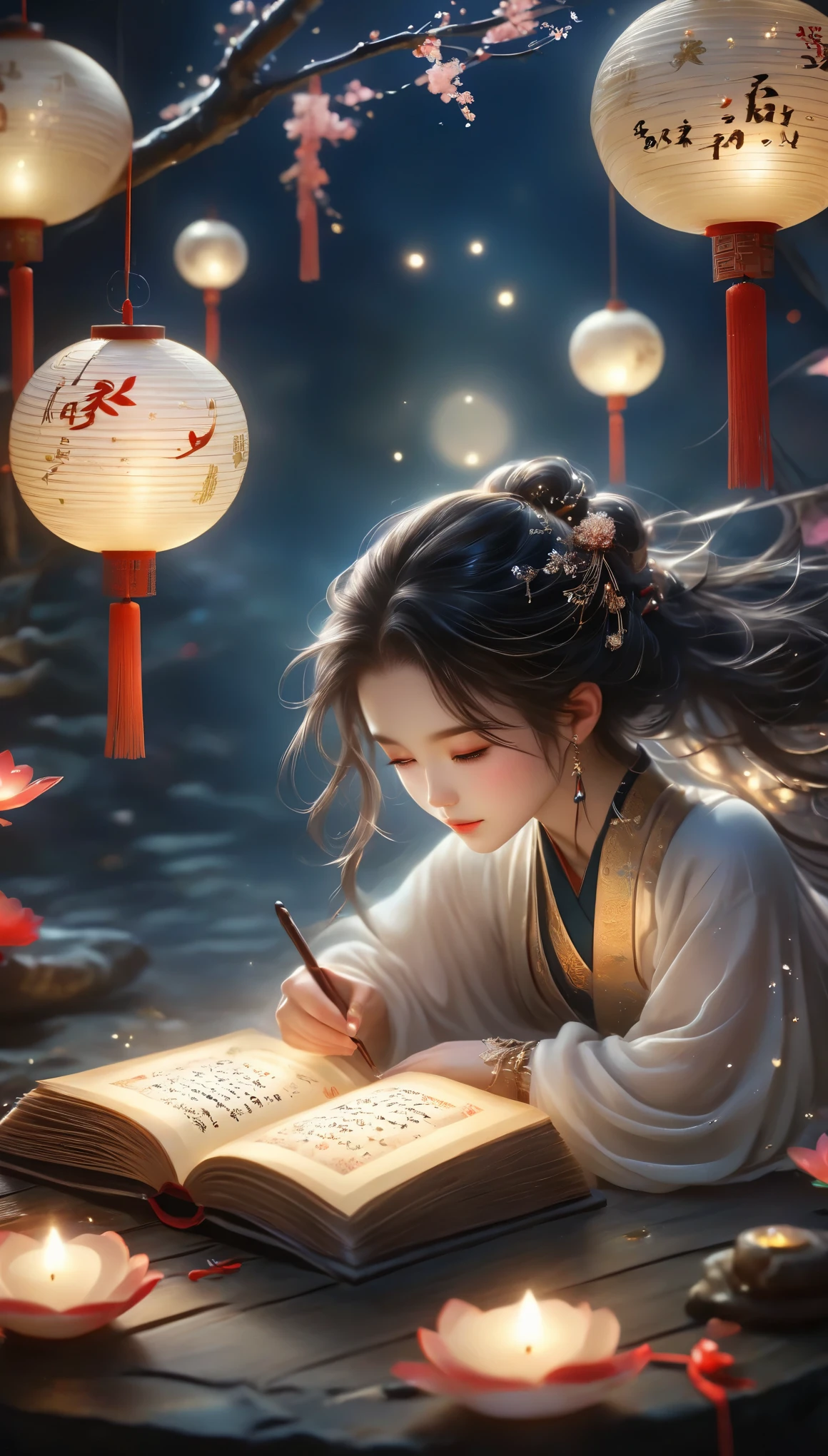 Three-dimensional ancient style,Romantic ancient style,Dark night shimmer,Elegant and simple,3 tiny people,Macro Photography,Suspension,Rolled up rice paper filled with calligraphy,High Angle Shot,Depth of Field,Bioluminescence,Chen Jia Leng,Quiet atmosphere,Fantastic,Exquisite details,Graphic illustration,Fluorescent Color,Anime Characters,Backlight,The book is very busy and the heart is shining,Beige tones,Concept Design,Decorative illustrations,Rich,Micro Rendering,Movie Light
