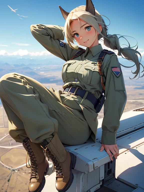 {(masterpiece,best quality, 8K UHD, extremely detailed CG, detailed beautiful face and eyes and skin and hair)}, {(ultra realistic photo style:1.4)}, {(Free fall from Altitude 10000m:1.4), (out of focus background:1.4)}, {1woman, medium hair, Ponytail hair with braids, medium breasts, forehead}, {(strike_witches:1.4), (white small_lace_panties:1.1), (military shoes:1.4)}, {(crotch showing pose:1.4), (feet up:1.3)}, {(cheerful:1.4), (candid shot), (hair stands on end in the wind)}, {(YOKOHAMA city)}